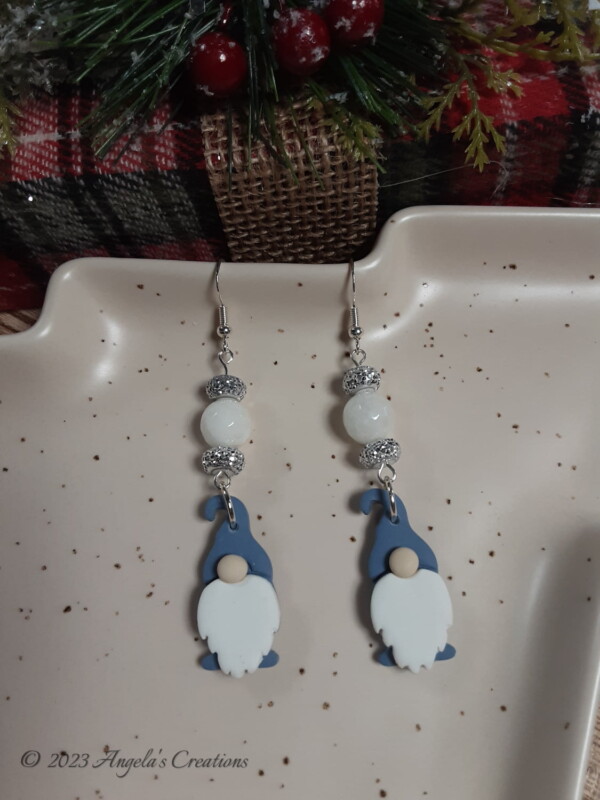 Blue Gnome White Bead Dangle Earrings - 5815