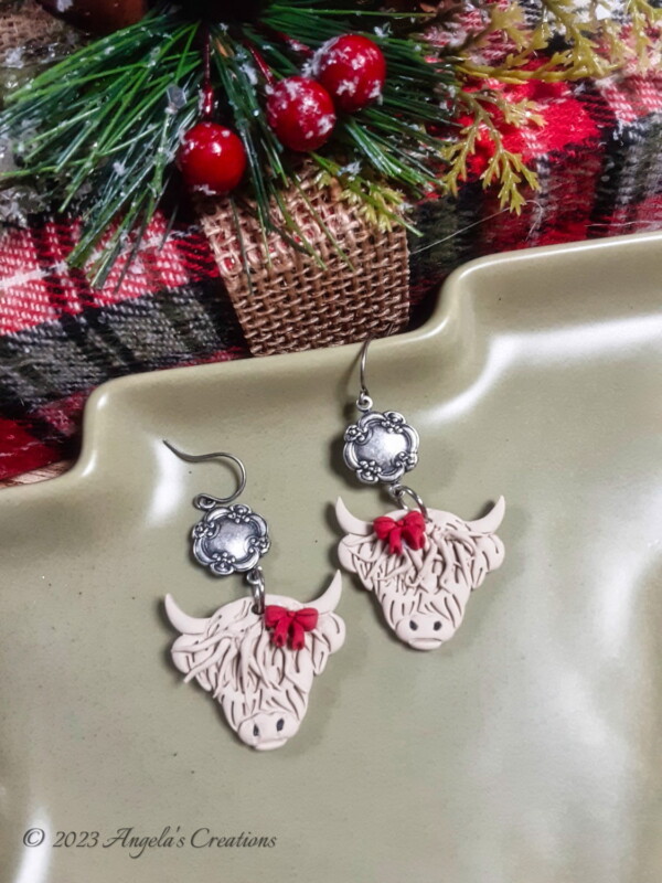 Highland Cow Red Bow Vintage Dangle Earrings - 5826