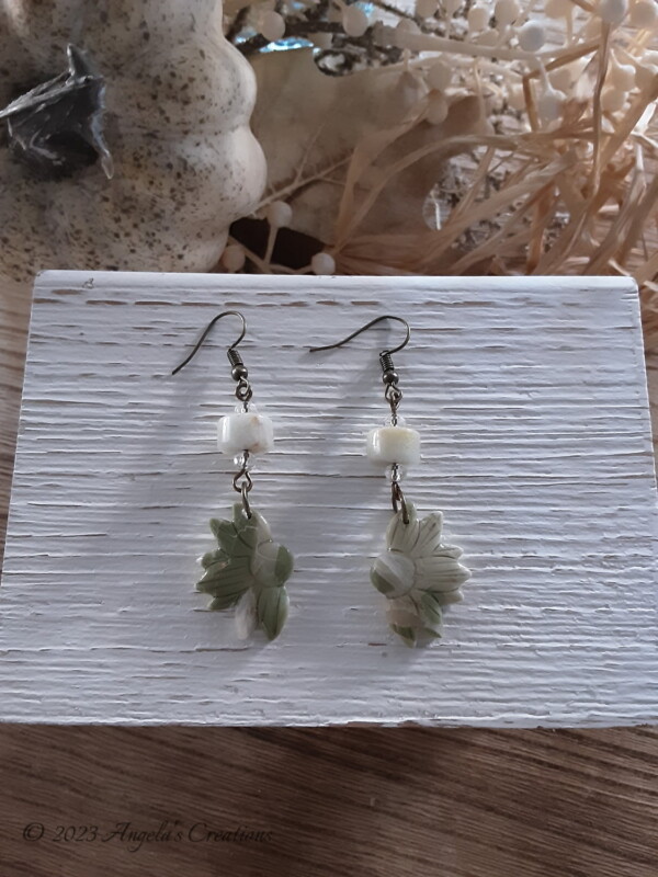 Half Sunflower Green Marbled Dangle Earrings - 5851