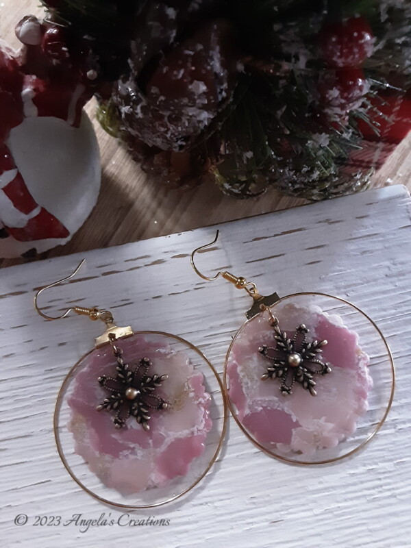 Pink Marble Snowflake Dangle Earrings - 5874