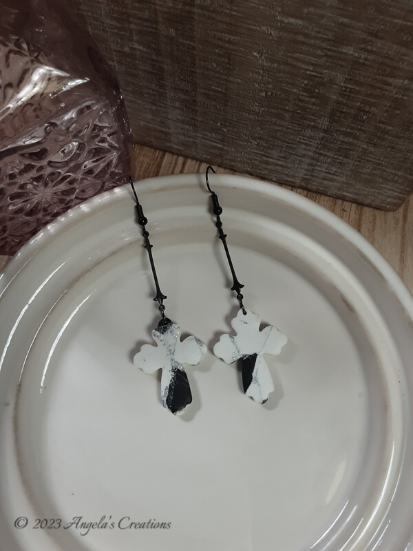 Black and White Cross Dangle Earrings - 7125