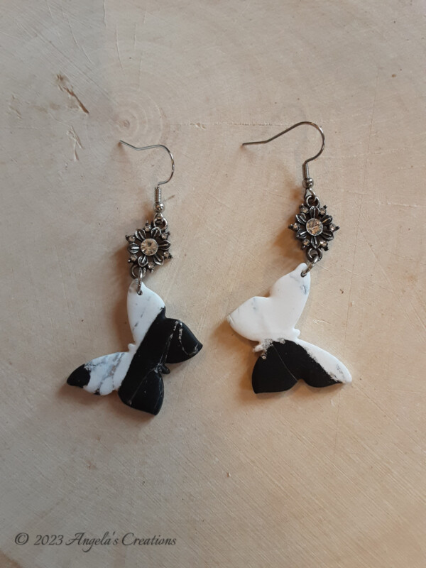 Black and White Marbled Butterfly Dangle Earrings - 7530