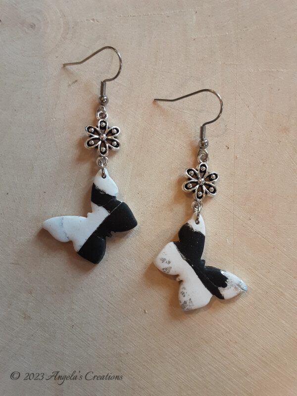 Black and White Marbled Butterly Dangle Earrings - 7531