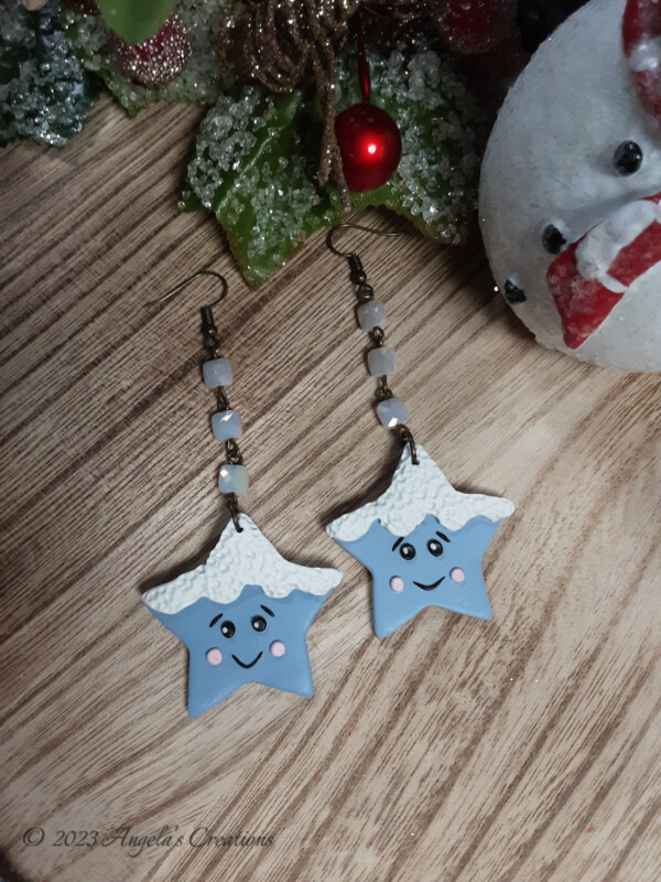 Blue Happy Snow Star Dangle Earrings - 7097