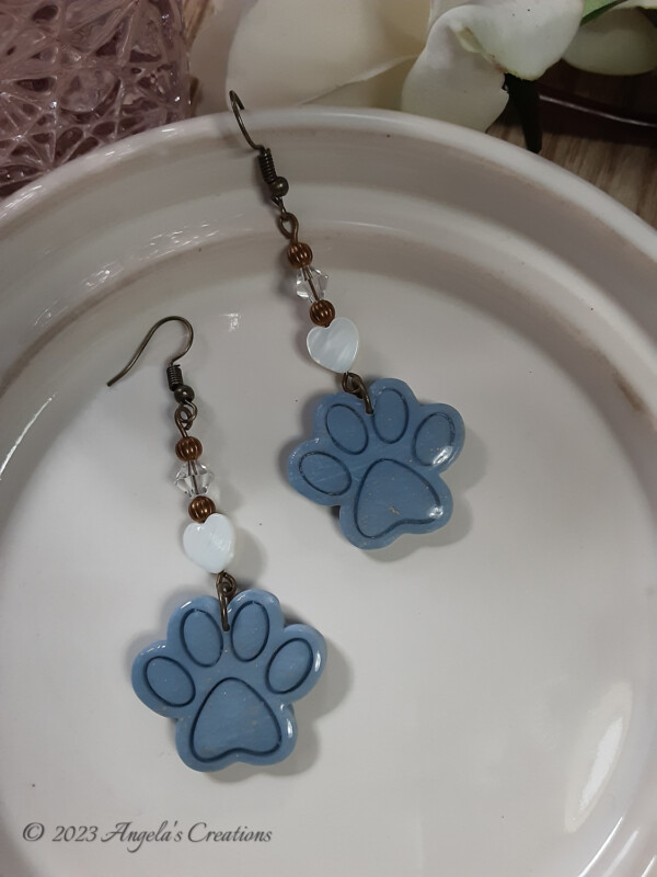 Blue Marble Paw Prints Dangle Earrings - 7107