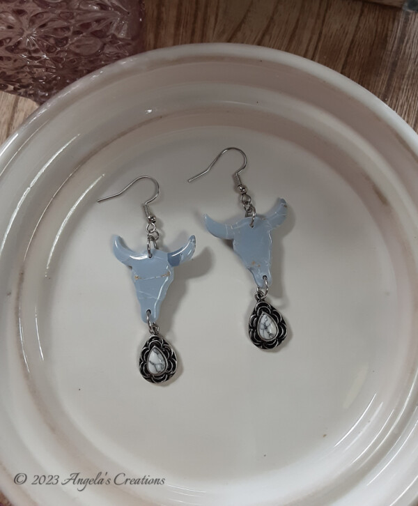 Blue Marbled Bull Head Dangle Earrings - 7192