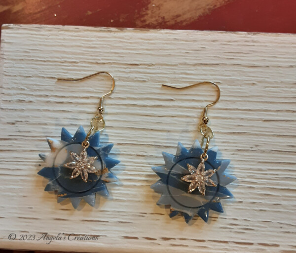 Blue Marbled Flower Dangle Earrings -7627