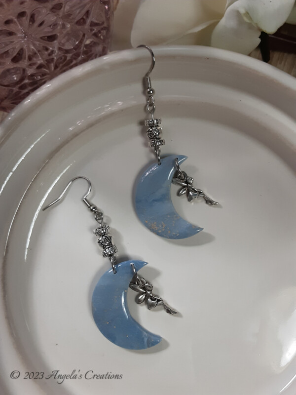 Blue Marbled Moon Dangle Earrings - 7106