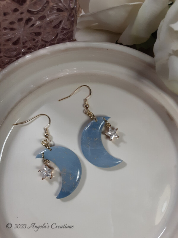 Blue Marbled Moon with Star Dangle Earrings - 7016