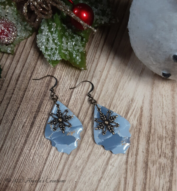 Blue Marbled Snowflake Dangle Earrings - 7081