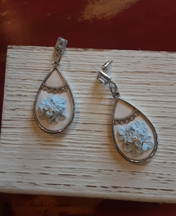 Blue Petite Flowers In Bezel Dangle Earrings-7611