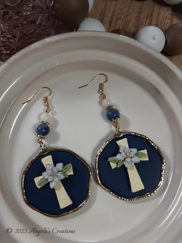 Cross on Blue Bezel Dangle Earrings - 7034