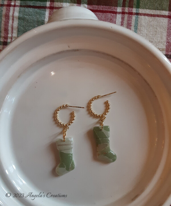 Green Marbled Christmas Stocking Dangle Earrings - 7516