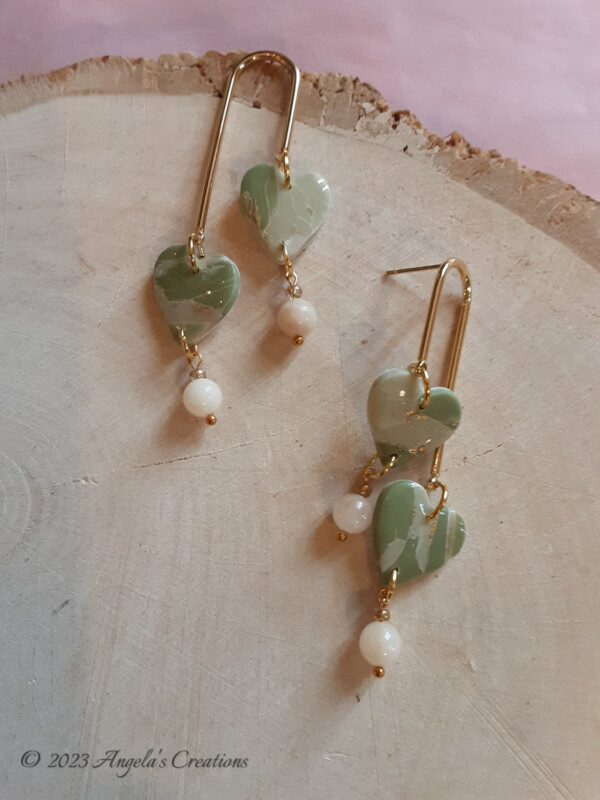 Green Marbled Double Heart Dangle Earrings - 7525