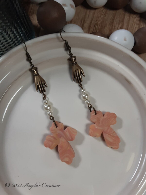 Peach Marbled Cross Dangle Earrings - 7039