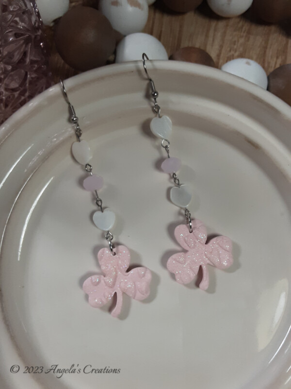 Pink Shimmering Clover Dangle Earrings - 7022