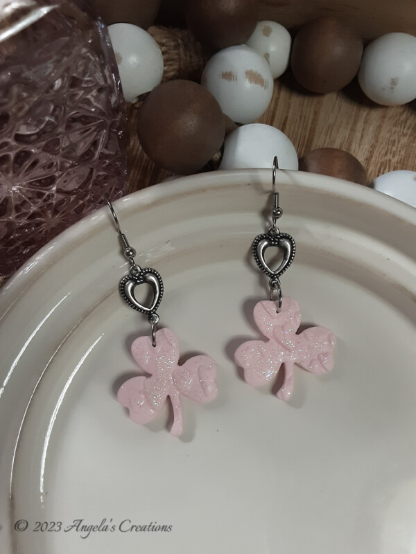 Pink Shimmering Clover Dangle Earrings - 7023