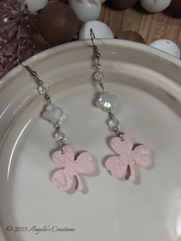 Pink Shimmering Clover Dangle Earrings - 7026