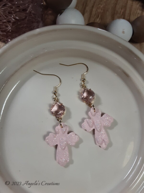 Pink Shimmering Cross Dangle Earrings - 7033