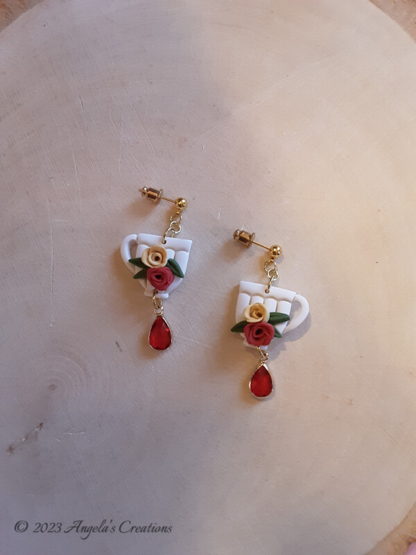 Roses On Coffee Cup Dangle Earrings - 7559