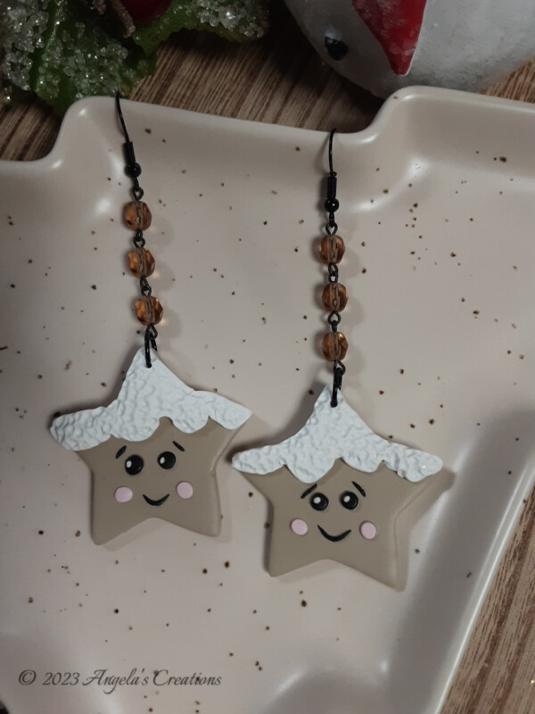 Tan Happy Snow Star Dangle Earrings - 7098