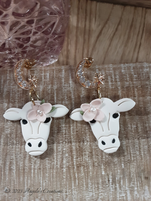 White Cow Dangle Earrings - 7200