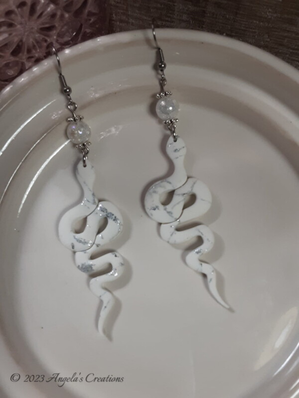 White Marble Snake Dangle Earrings - 7045