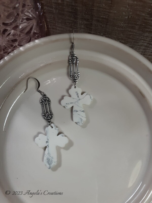 White Marbled Cross Dangle Earrings - 7041