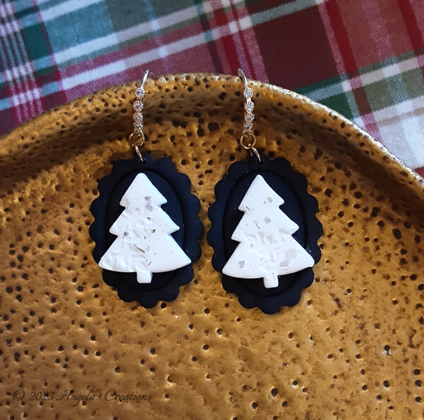 White and Silver Flaked Christmas Tree Dangle Earrings -7509