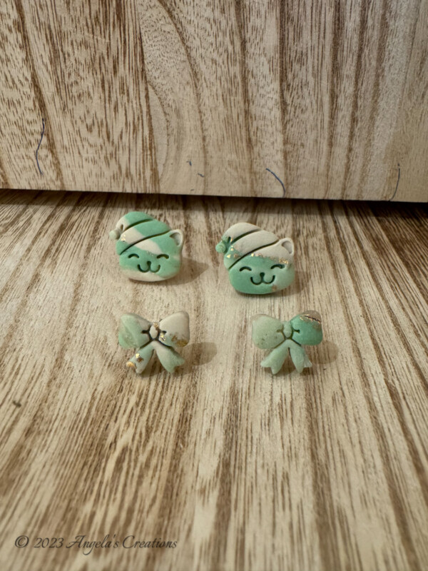 Green Marbled Cat and Bow Earring Studs-7712